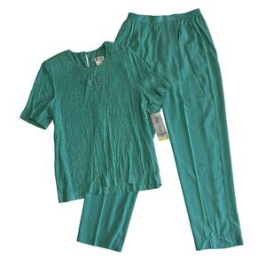 NWT 2 Piece Pant Suit Set Blouse Ribbed Dress Shirt Top Outfit USA Medium